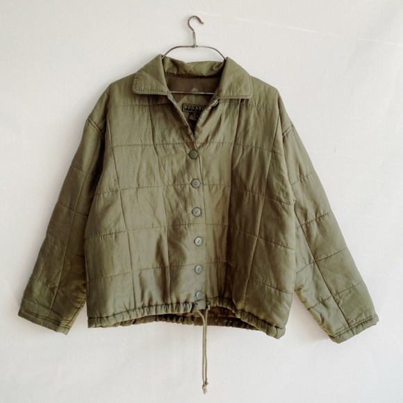 Vintage 90s Bogari Studio Army Green Oversized Silk Boxy Quilted Jacket Size M/L - Picture 2 of 11